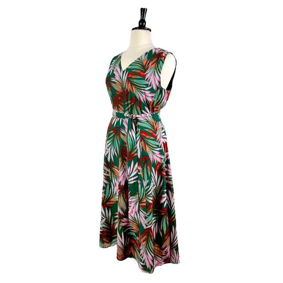 Tahari Maxi Dress V-neck Tie Waist Chiffon Green Tropical Leaf Women’s Size 16 - Picture 4 of 13